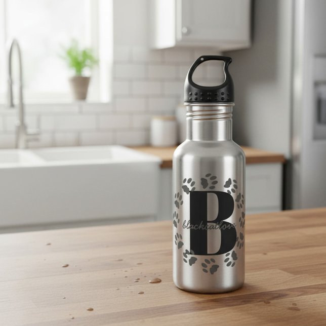 Cat Paw Prints Monogramm Wasser Flasche Edelstahlflasche (Add your initial and name to this pet paw print water bottle)