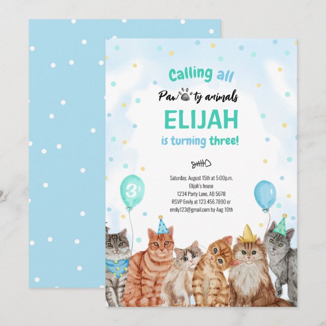 Cat Pawty Animals Boy Geburtstag Einladung (Vorne/Hinten)