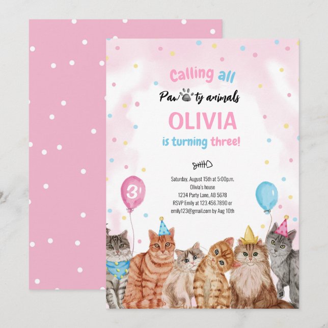 Cat Pawty Animals Girl Geburtstag Einladung (Vorne/Hinten)