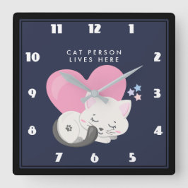 Cat Person Text Cute White Kitty Cat Sleeping Quadratische Wanduhr