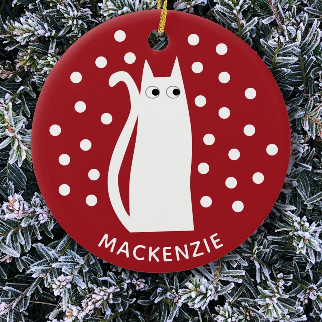 Cat Personalisiert Red White Keramik Ornament (Red and white kitty cat fun personalized name Christmas ornament)