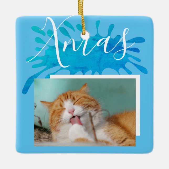 Cat Pet Blue Xmas Weihnachts-Foto Keramikornament (Vorderseite)
