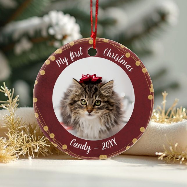 Cat Pet Erstes Weihnachtsfest Foto Rustikale Licht Keramik Ornament (Von Creator hochgeladen)