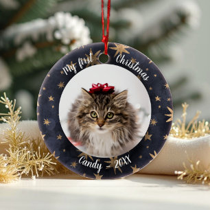 Cat Pet Erstes Weihnachtsfest Foto Rustikale Messi Keramik Ornament
