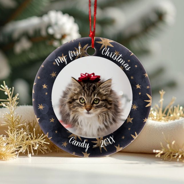 Cat Pet Erstes Weihnachtsfest Foto Rustikale Messi Keramik Ornament (Von Creator hochgeladen)