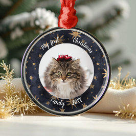 Cat Pet Erstes Weihnachtsfest Foto Rustikale Messi Ornament Aus Metall