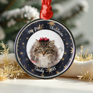 Cat Pet Erstes Weihnachtsfest Foto Rustikale Messi Ornament Aus Metall