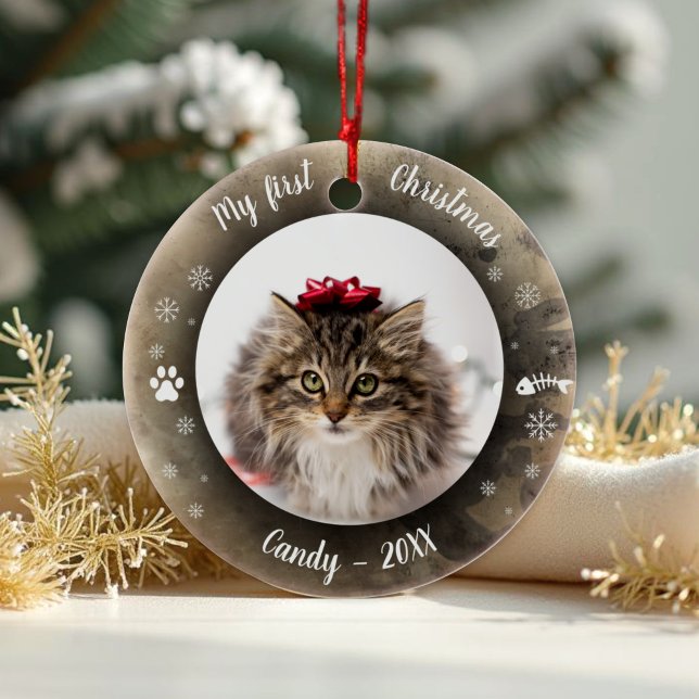 Cat Pet Erstes Weihnachtsfest Foto Rustikale Tierw Keramik Ornament (Von Creator hochgeladen)