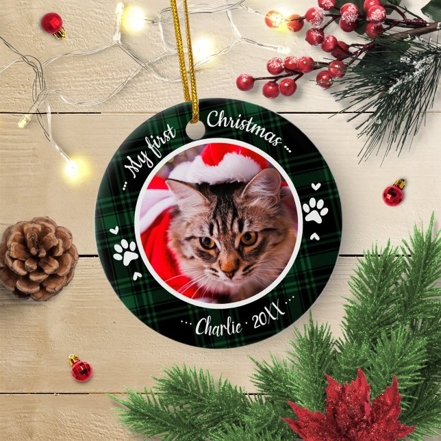 Cat Pet Erstes Weihnachtsfest Foto Rustikales Grün Keramik Ornament (Von Creator hochgeladen)