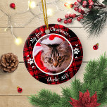 Cat Pet Erstes Weihnachtsfest Foto Rustikales Rote Keramik Ornament<br><div class="desc">Katze Haustier Erstes Weihnachtsfest Foto Rustikales Rotes Kariertes Keramik Ornament</div>