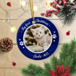 Cat Pet First Christmas Einfaches Foto Rustikal Bl Keramik Ornament<br><div class="desc">Katze Haustier Erste Weihnachtszeit Einfaches Foto Rustikal Blaue Keramik Ornament</div>