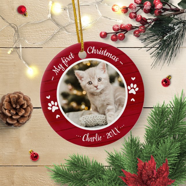 Cat Pet First Christmas Einfaches Foto Rustikal Ornament Aus Metall (Von Creator hochgeladen)