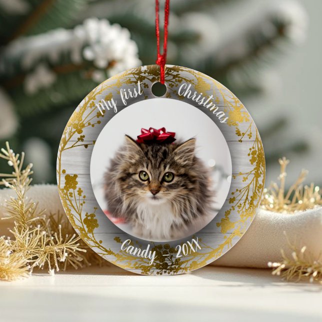 Cat Pet First Christmas Foto Wreaths Gold Fohlen Keramik Ornament (Von Creator hochgeladen)