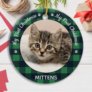 Cat Pet Foto Green Kariert Kitten Erste Weihnachte Keramik Ornament