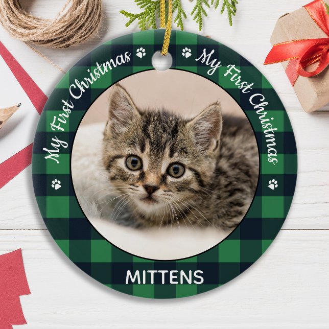 Cat Pet Foto Green Kariert Kitten Erste Weihnachte Keramik Ornament (Von Creator hochgeladen)