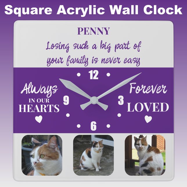 Cat pet Loss Keepake Memorial lila Quadratische Wanduhr (Von Creator hochgeladen)