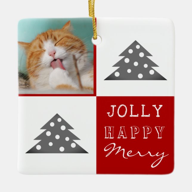 Cat Pet Merry Jolly Christmas Tree Holiday Foto Keramikornament (Vorderseite)