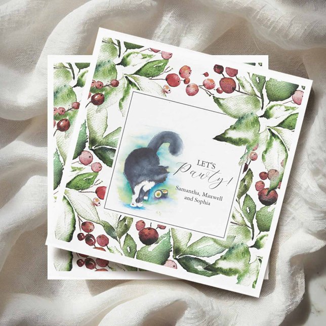 Cat Pet Portrait Christmas Cocktail Napkins Serviette (Custom cocktail napkins with watercolor cat portraits for weddings, showers, & Christmas parties)