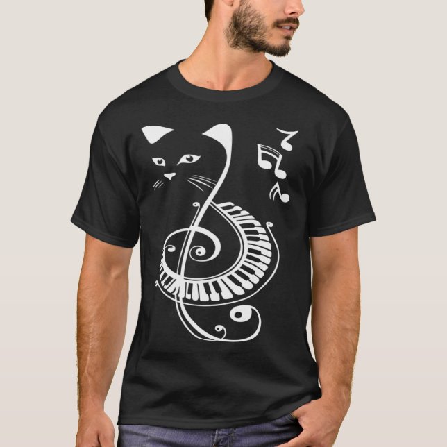 Cat Piano Musiknote T-Shirt (Vorderseite)