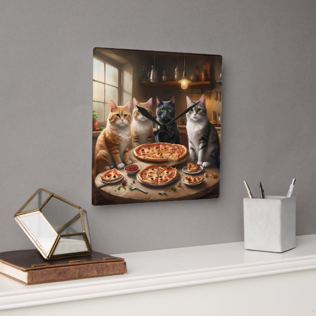 Cat Pizza Night, Quadratische Wanduhr (Büro)