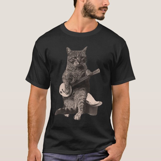 Cat Playing Banjo Gitarre Short Sleeve T - Shirt (Vorderseite)