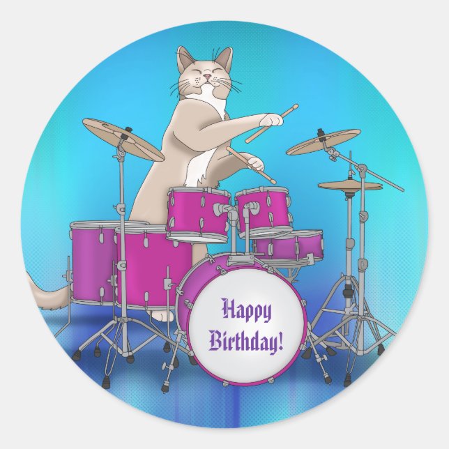 Cat Playing Drums - Blue Round Sticker (Vorderseite)