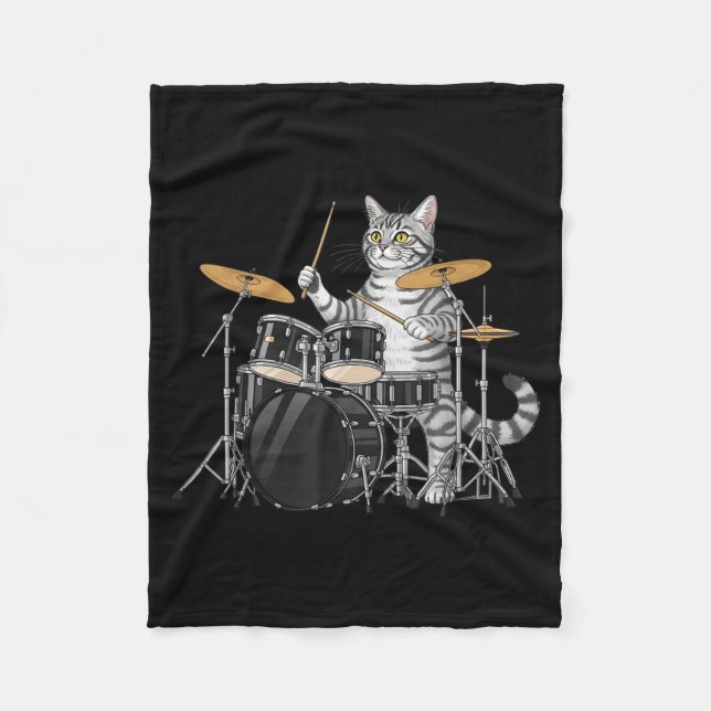 Cat Playing Drums Drumset Drumkit Drumming Drum Dr Fleecedecke (Vorderseite)
