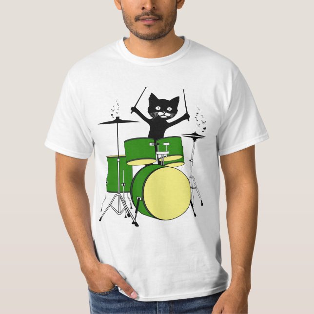 Cat Playing Drums, Funny Cat Playing Drums T-Shirt (Vorderseite)