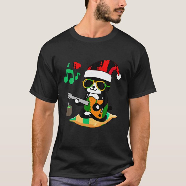 Cat Playing Gitarre mit Sonnenbrille Weihnachtsman T-Shirt (Vorderseite)