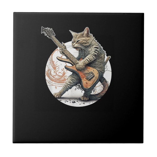Cat Playing Gitarre Rock Cat Heavy Metal Cat Mus Fliese (Vorderseite)