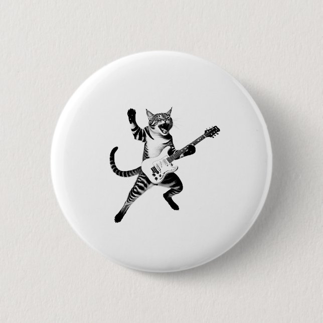 Cat Playing Gitarre Rock und Roll Band Männer Frau Button (Vorderseite)