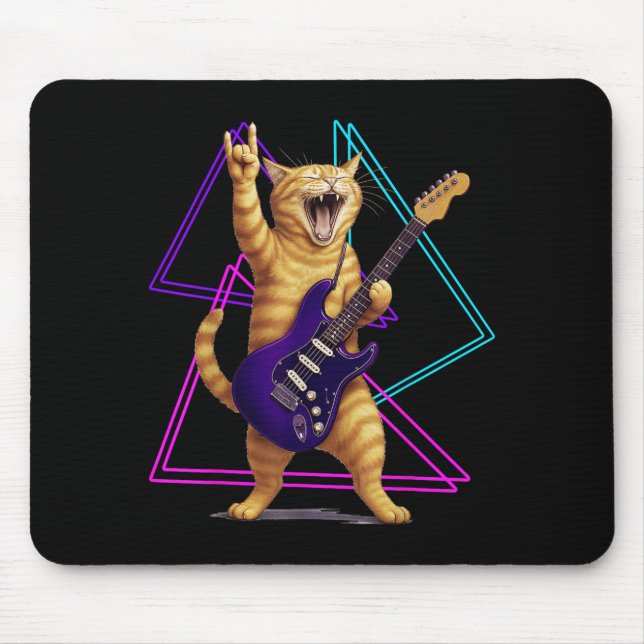 Cat Playing Guitar Rock Star Rock And Roll Men Wom Mousepad (Vorne)