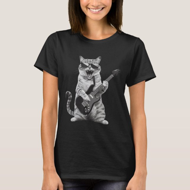 Cat Playing Guitar Rock Star Rock And Roll Men Wom T-Shirt (Vorderseite)