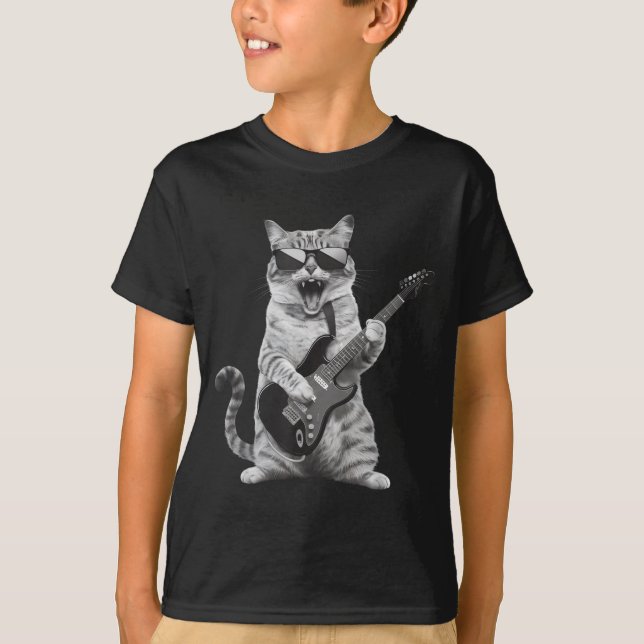 Cat Playing Guitar Rock Star Rock And Roll Men Wom T-Shirt (Vorderseite)