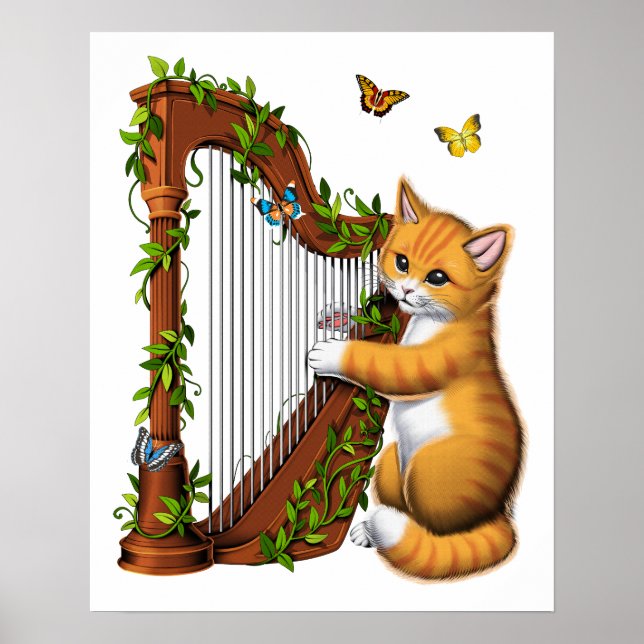 Cat Playing Harp Poster (Vorne)