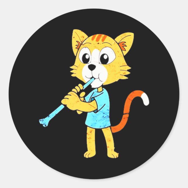 Cat Playing Klarinet Funny Musician Runder Aufkleber (Vorderseite)