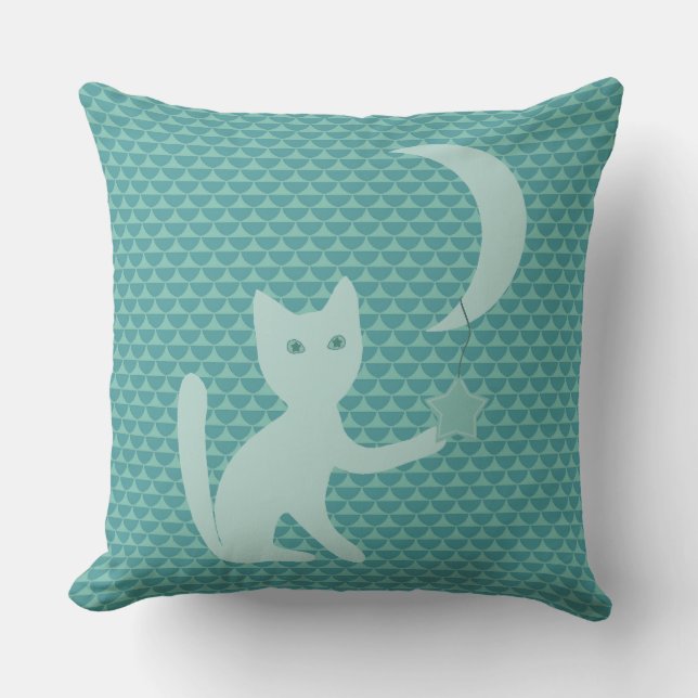 Cat Playing mit Mond und Stars Aquamarin Kissen (Vorderseite)