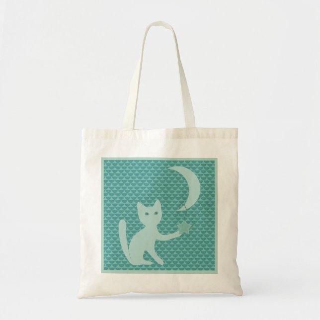 Cat Playing mit Mond und Stars Aquamarin Tragetasche (Vorne)