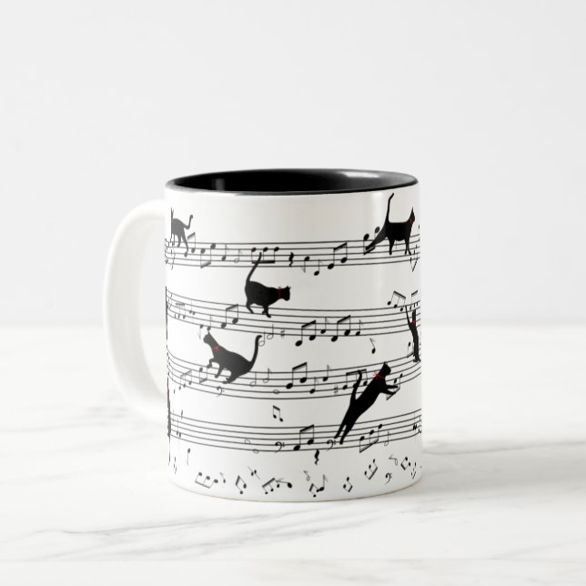 Cat Playing Note Music, Cat Music, Black Cat Gift Zweifarbige Tasse (Vorderseite Links)