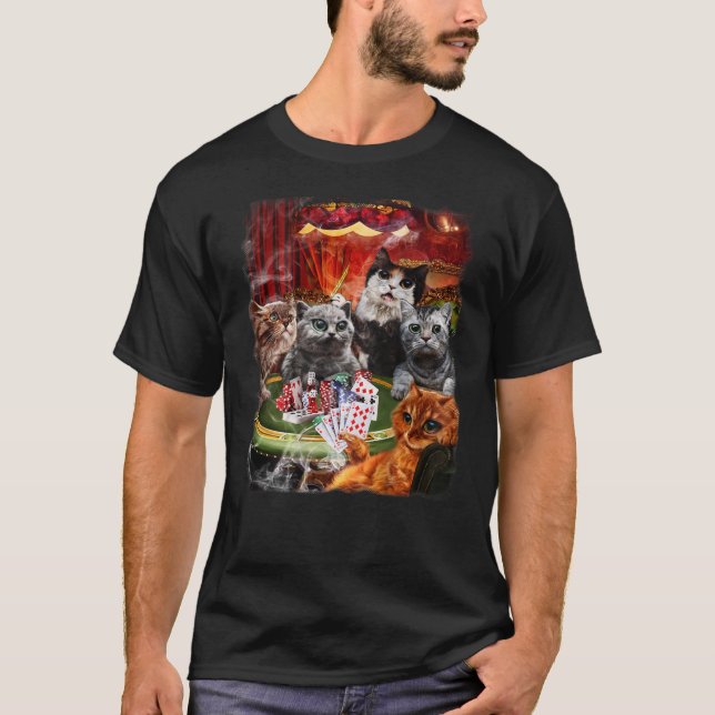 Cat Playing Poker Karten T-Shirt (Vorderseite)
