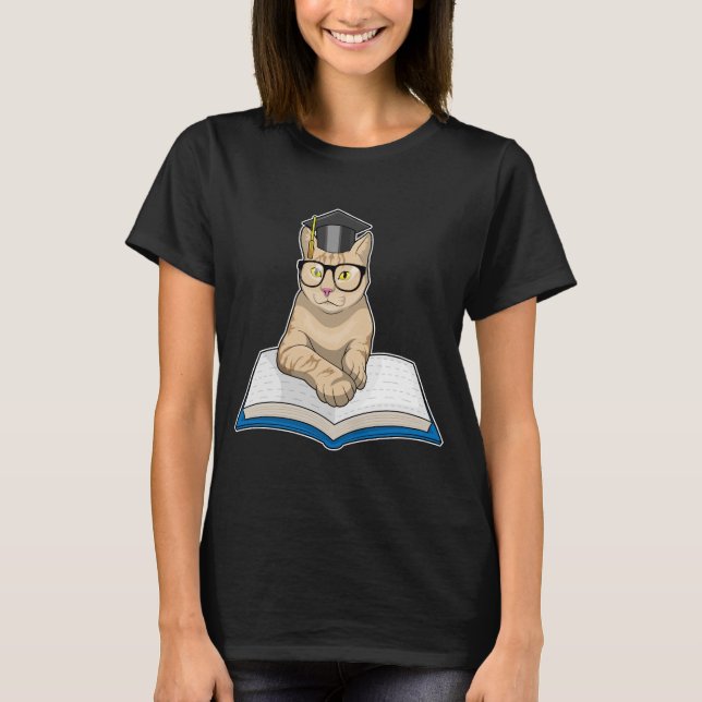 Cat Professor Book Glasses T-Shirt (Vorderseite)