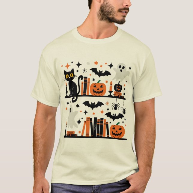 Cat Pumpkin Bat Spider Halloween Buchkerze T-Shirt (Vorderseite)