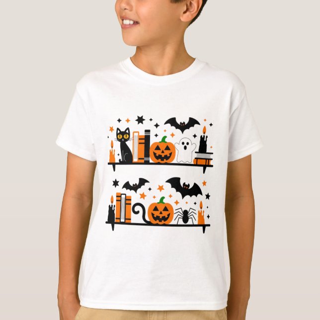 Cat Pumpkin Bat Spider Halloween Buchkerze T-Shirt (Vorderseite)