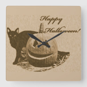 Cat & Pumpkin Happy Halloween Quadratische Wanduhr