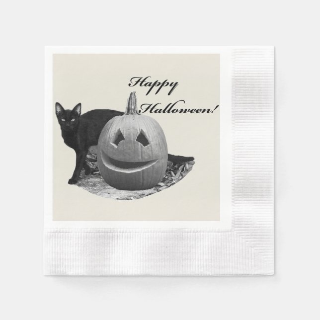 Cat & Pumpkin Happy Halloween Serviette (Vorderseite)