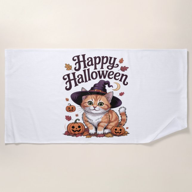 Cat Pumpkin Happy Halloween Strandtuch (Vorderseite)
