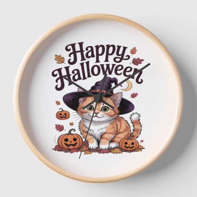 Cat Pumpkin Happy Halloween Uhr (Vorderseite)