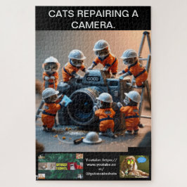 Cat puzzles, wearing uniforms, repairing a camera.