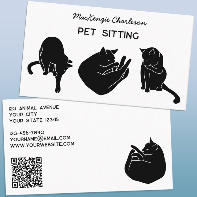 Cat QR Code Pet Services Minimalist Visitenkarte (Modern minimalist block print cats personalized QR code pet sitting business cards)