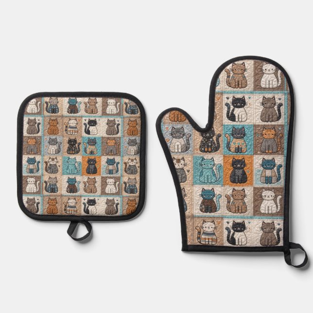 Cat Quilt Design Ofenhandschuh & Topflappen-Set (Vorderseite)